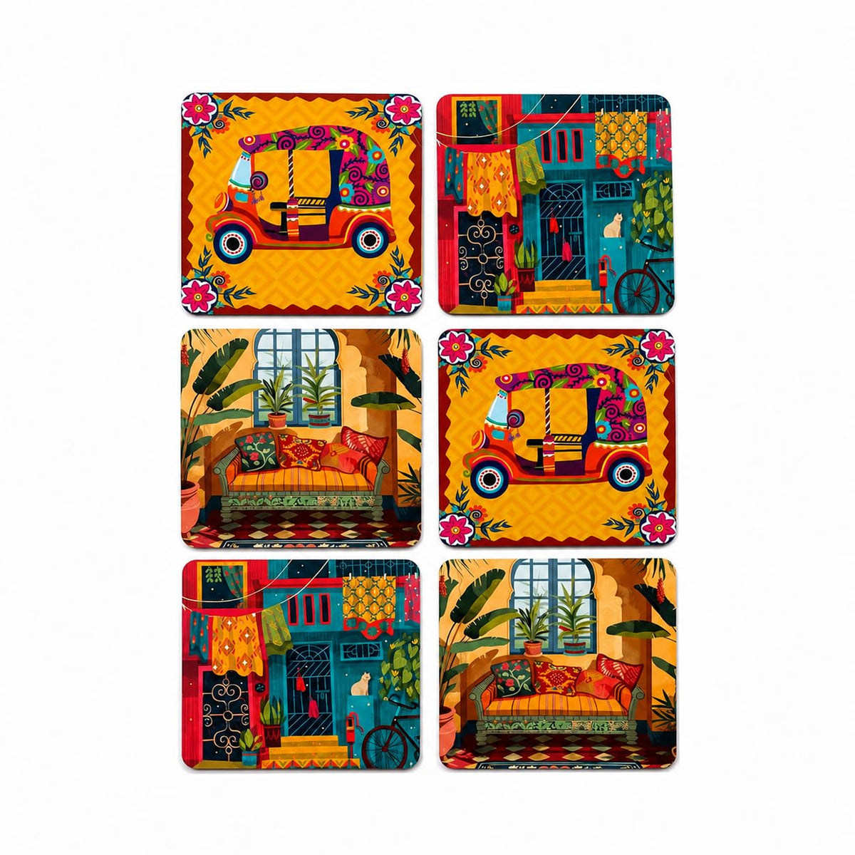Indian Art Printed Drink Coasters Set of 6, Square Wooden Tea & Coffee Cup Coasters with Cork Backing, Table Protector for Home, Kitchen, Dining Table, Office & Housewarming Gift