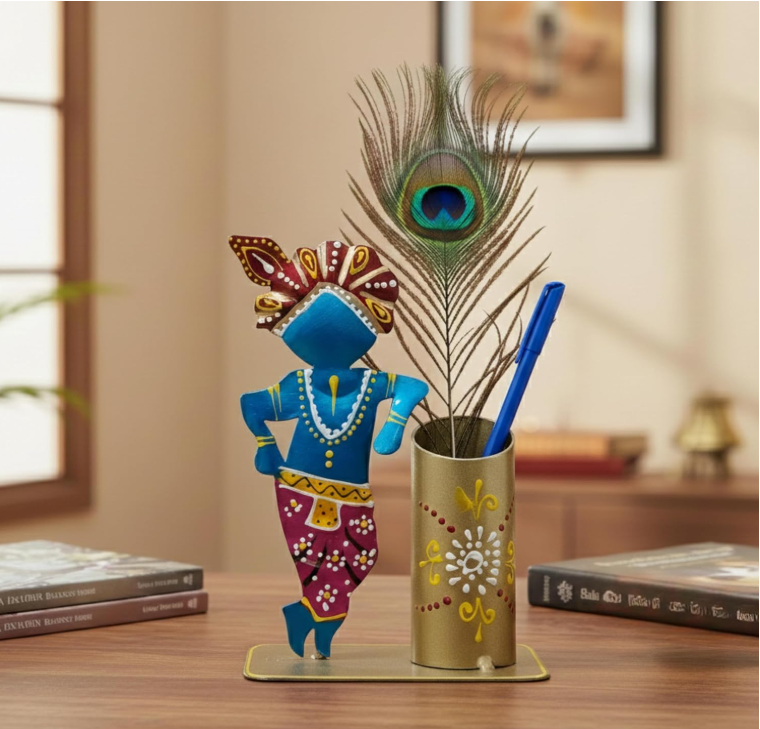 Little Krishna Pen & pencil Stand Holder with – Traditional Hindu Desk Organizer for Study Table, Home, Office, and Gifts in Blue color