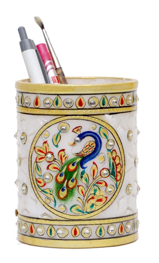 Decorative Round Marble Pen Stand for Office Table | Handicraft Home Decor Designer Peacock Printed Pen Holder with Rajasthani Meenakari Work for Home (Multicolor, 7.5x7.5x10 cm)