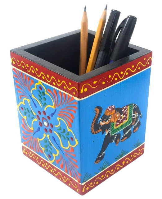 Handpainted Wooden Pen Stand for Home & Office, Elephant Art (Blue)